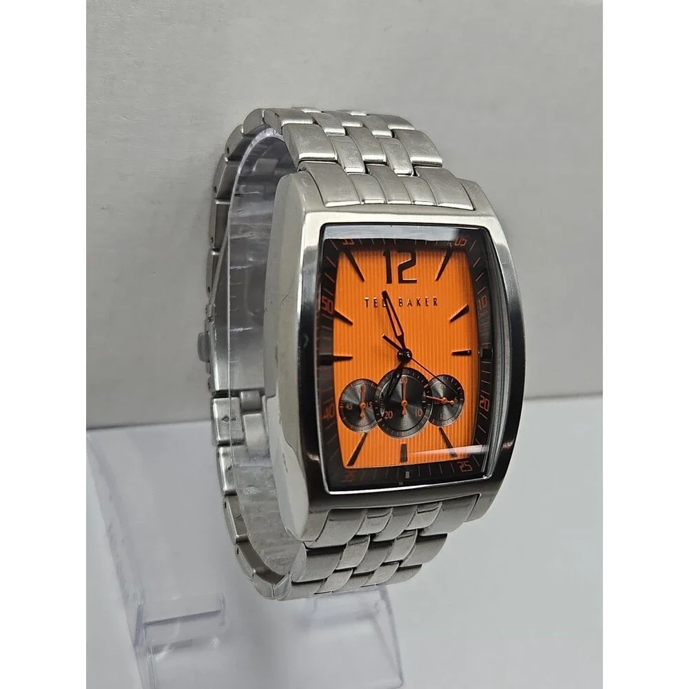 Ted Baker Mens Orange Dial Chronograph 39mm Watch Stainless Steel New Battery